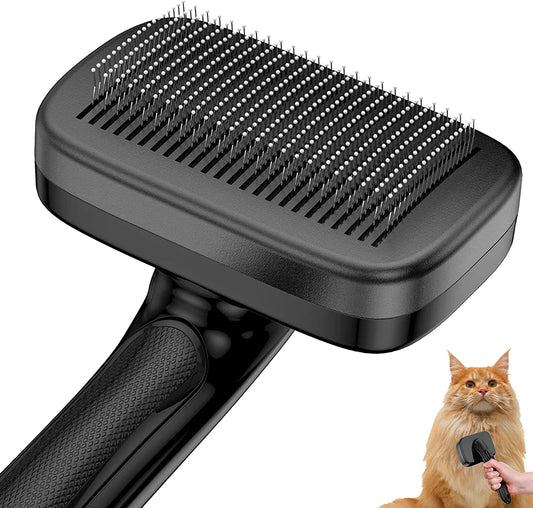 "🐶 Say goodbye to shedding with this Dog Brush! Perfect for long & short haired pets 🐱 Removes loose fur, mats, and tangles effortlessly. Self-cleaning slicker brush in black. #PetGrooming #DogCare"